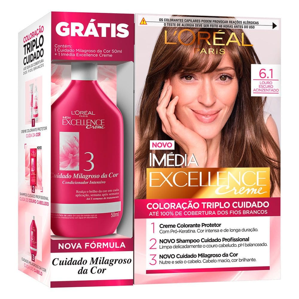 Kit Tintura Imédia Excellence L`oréal Louro Escuro Acinzentado 6.1 Ganhe Condicionador Cuidado Milagroso da Cor