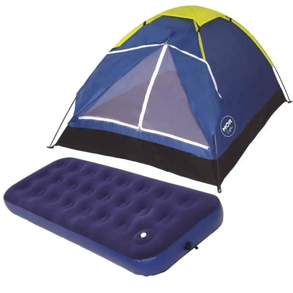 Barraca Iglu para Camping 2 Pessoas Azul com Colchão Inflável Solteiro e Inflador Mecânico MOR