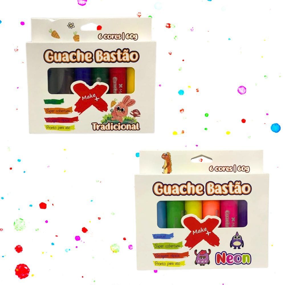 Kit Tinta Guache em Bastão Cores Tradicional e Neon Secagem Rápida Pronto para Uso - Make+ | Papelaria | Pintura | Cores