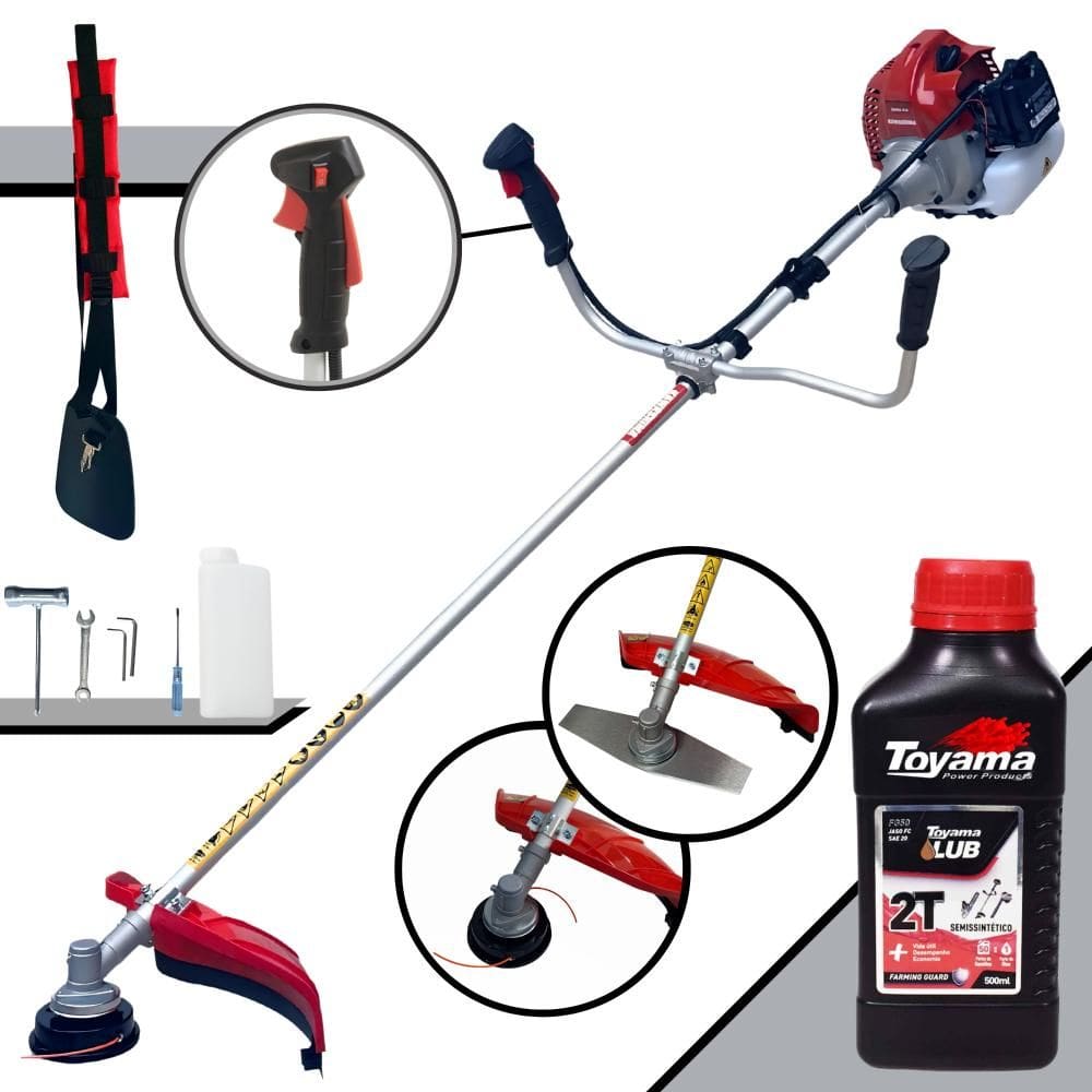 Roçadeira Lateral Kawashima BCJ521L À Gasolina 52cc Motor 2 Tempos 2,5HP de Potência 10.000rpm Com Carretel Nylon + Lâmina Facão + ÓLEO TOYAMA FG50