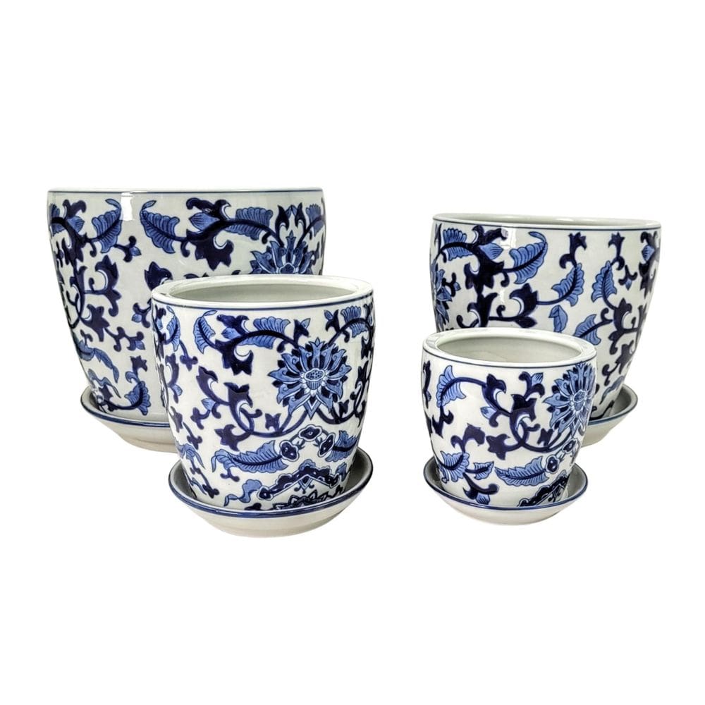 Kit 4 Vaso Porcelana Azul E Branco Floral Prato Decoração