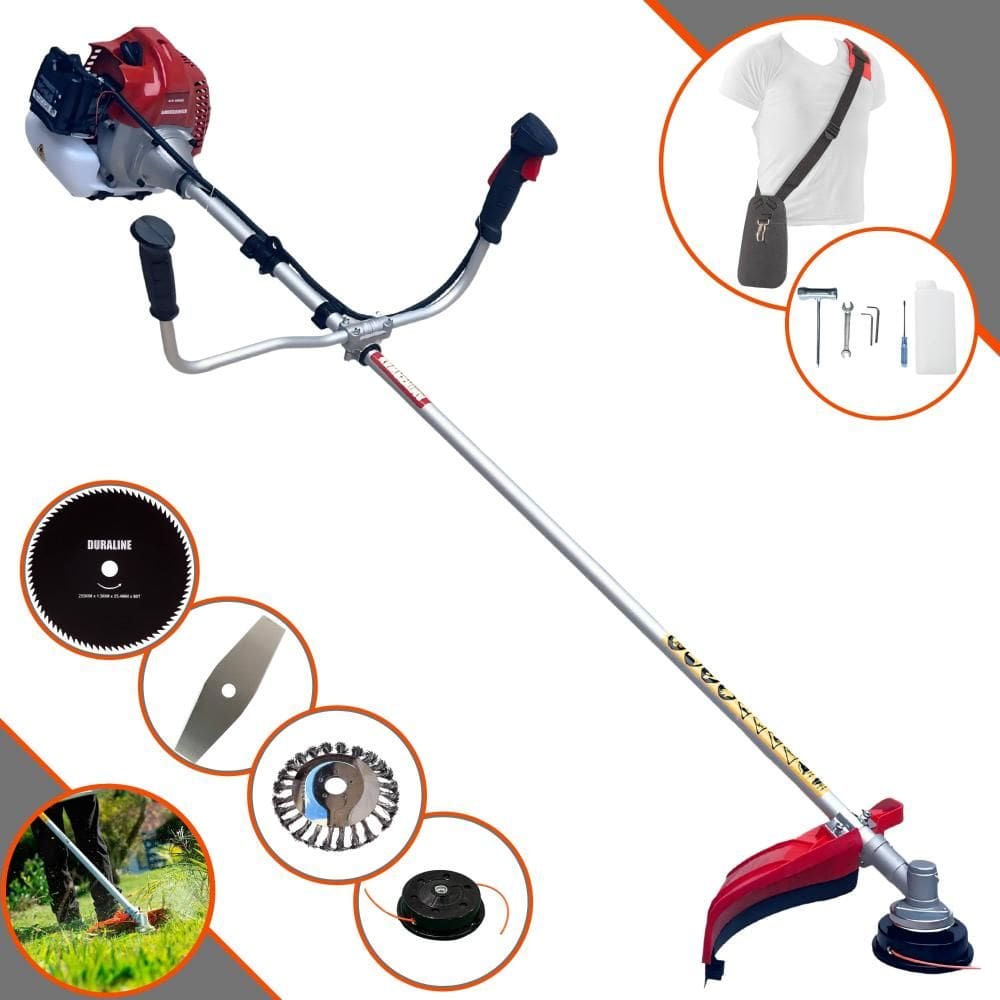 Roçadeira À Gasolina Kawashima BCJ521L TB 52cc 2,5HP Alta Rotação Com 4 Opções de Corte Com Carretel + Faca 2 Pontas + Faca 80 Dentes + Escova de Aço
