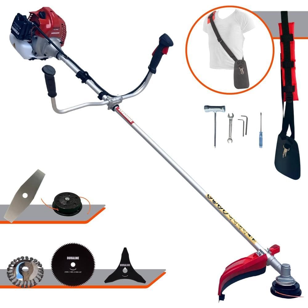 Roçadeira À Gasolina Kawashima BCJ431L TB 43cc 1,7HP Alta Rotação Com 4 Opções de Corte Com Carretel + Faca 2 Pontas + Faca 80 Dentes + Escova de Aço
