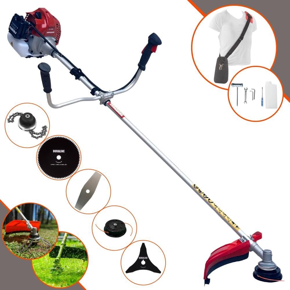 Roçadeira Cortador de Grama Profissional Kawashima BCJ521-L À Gasolina 2T 2,5HP 52cc 10.000rpm + Kit Extra de Faca 3 Pontas, Faca 80 Dentes e Trimmer