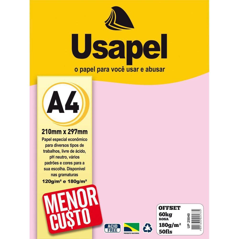 Papel Sulfite A4 Colorido Offset 180G 60K Rosa 50Fls