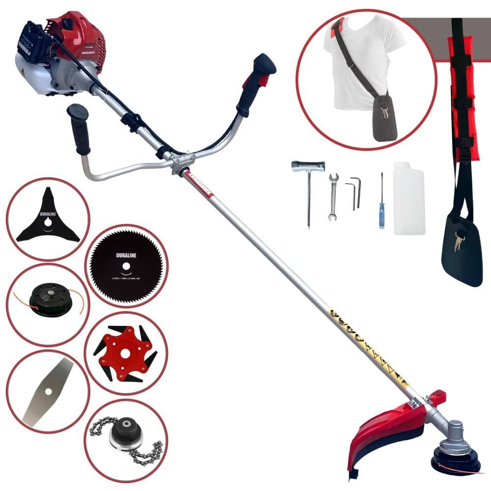 Roçadeira Cortador de Grama Kawashima BCJ521-L À Gasolina 52cc 10.000rpm + Kit Extra de Lâmina 3 Pontas, Lâmina 6 Pontas, Lâmina 80 Dentes e Trimmer