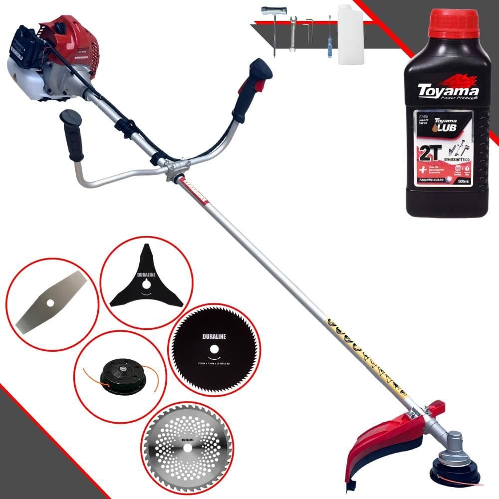 Roçadeira Kawashima BCJ521-L 52cc 2,5HP Com Carretel + Facas 2 Pontas, 3 Pontas, 6 Pontas, 40 Dentes, 80 Dentes, Trimmer e Escova de Aço + ÓLEO TOYAMA