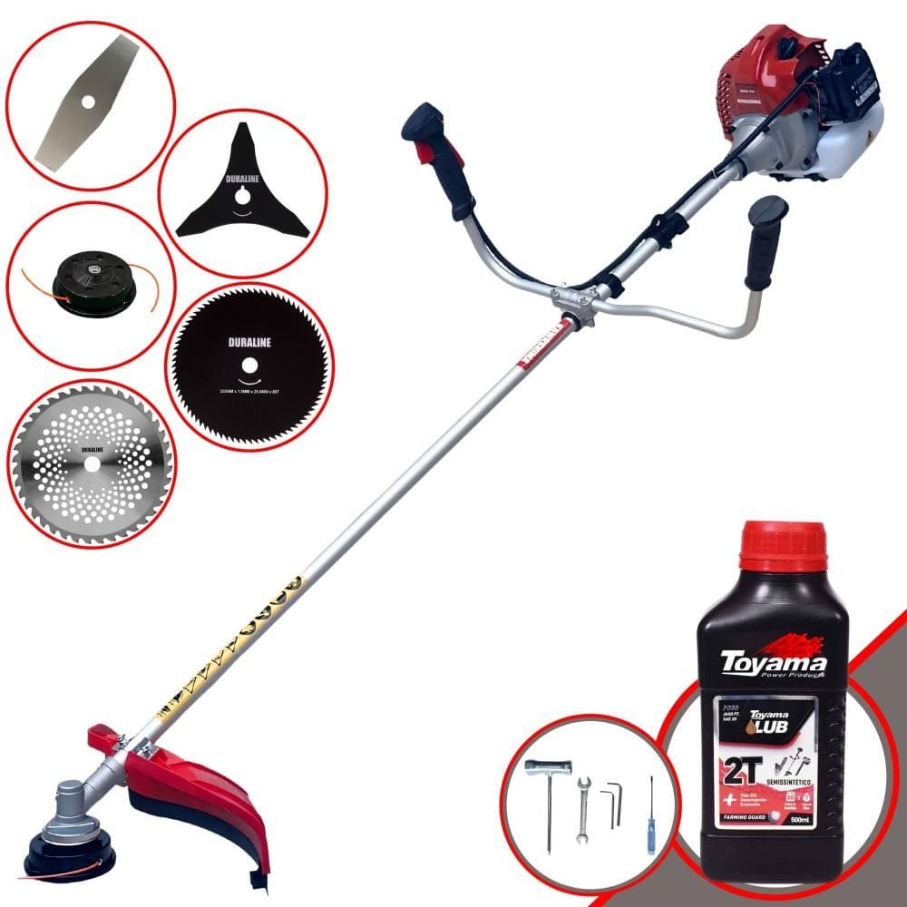 Roçadeira Kawashima BCJ521L 52cc 2,5HP C/ Carretel + Faca 2 Pontas, 3 Pontas, 6 Pontas, 40 Dentes, 80 Dentes, Trimmer e Escova de Aço + ÓLEO TOYAMA 2T