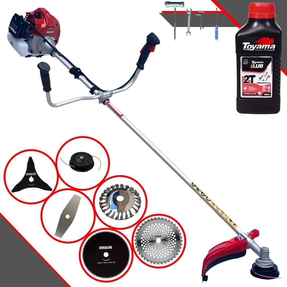 Roçadeira 6 Em 1 Kawashima BCJ521L 52cc Com Carretel + Faca 2 Pontas + Faca 3 Pontas + Faca 40 Dentes + Faca 80 Dentes + Escova de Aço + ÓLEO TOYAMA