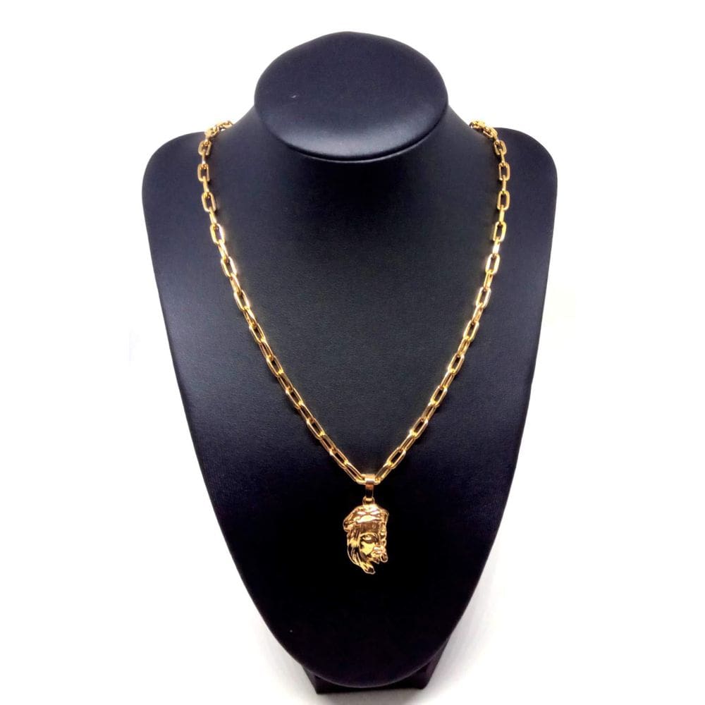 Cordão Corrente Elo Cartier Banhada Ouro 18K Face De Cristo