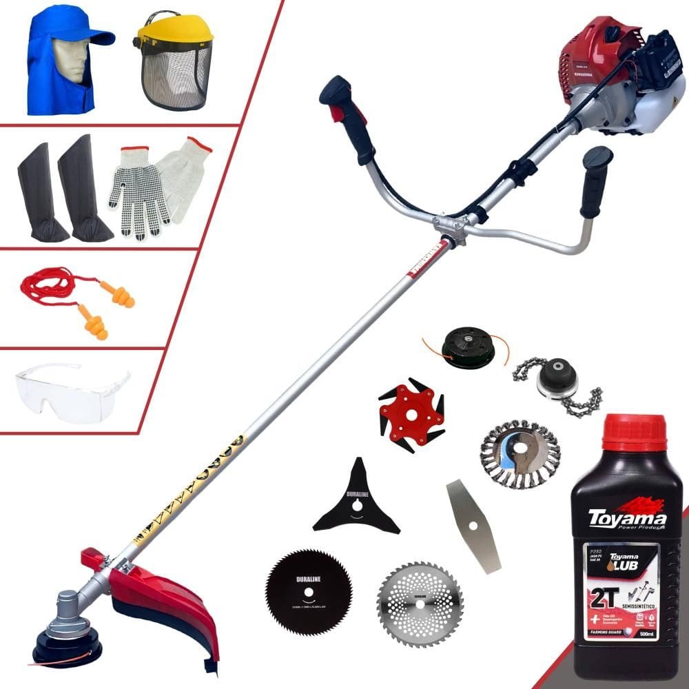 Aparador de Grama Profissional À Gasolina Kawashima BCJ521L 52cc 2,5HP 10.000rpm Roçadeira Completa C/ 8 Opções de Cortes + EPI + ÓLEO TOYAMA 2 TEMPOS