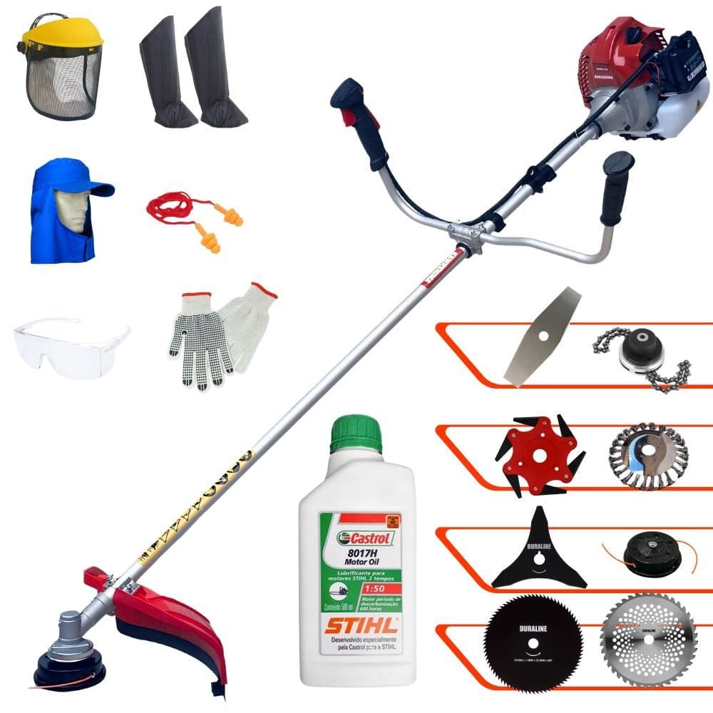 Cortador de Grama À Gasolina Kawashima BCJ521-L 52cc 2,5HP Alta Rotação Roçadeira Completa Com Carretel e Kit 7 Opções de Corte + EPI + ÓLEO STIHL 2T