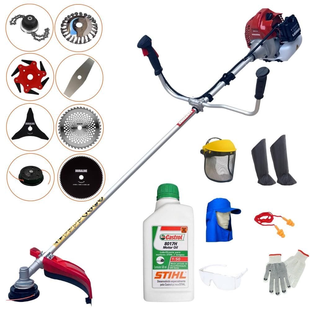 Roçadeira Kawashima BCJ521L 52cc Com Carretel + Facas 2 Pontas, 3 Pontas, 6 Pontas, 40 Dentes, 80 Dentes, Trimmer, Escova de Aço + EPI + ÓLEO STIHL 2T