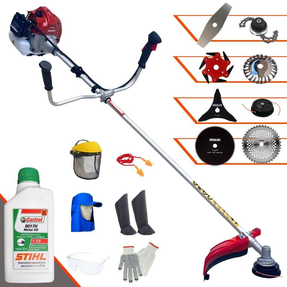 Podador Kawashima BCJ521L 52cc Com Carretel + Facas 2 Pontas, 3 Pontas, 6 Pontas, 40 Dentes, 80 Dentes, Trimmer e Escova de Aço + EPI + ÓLEO STIHL 2T