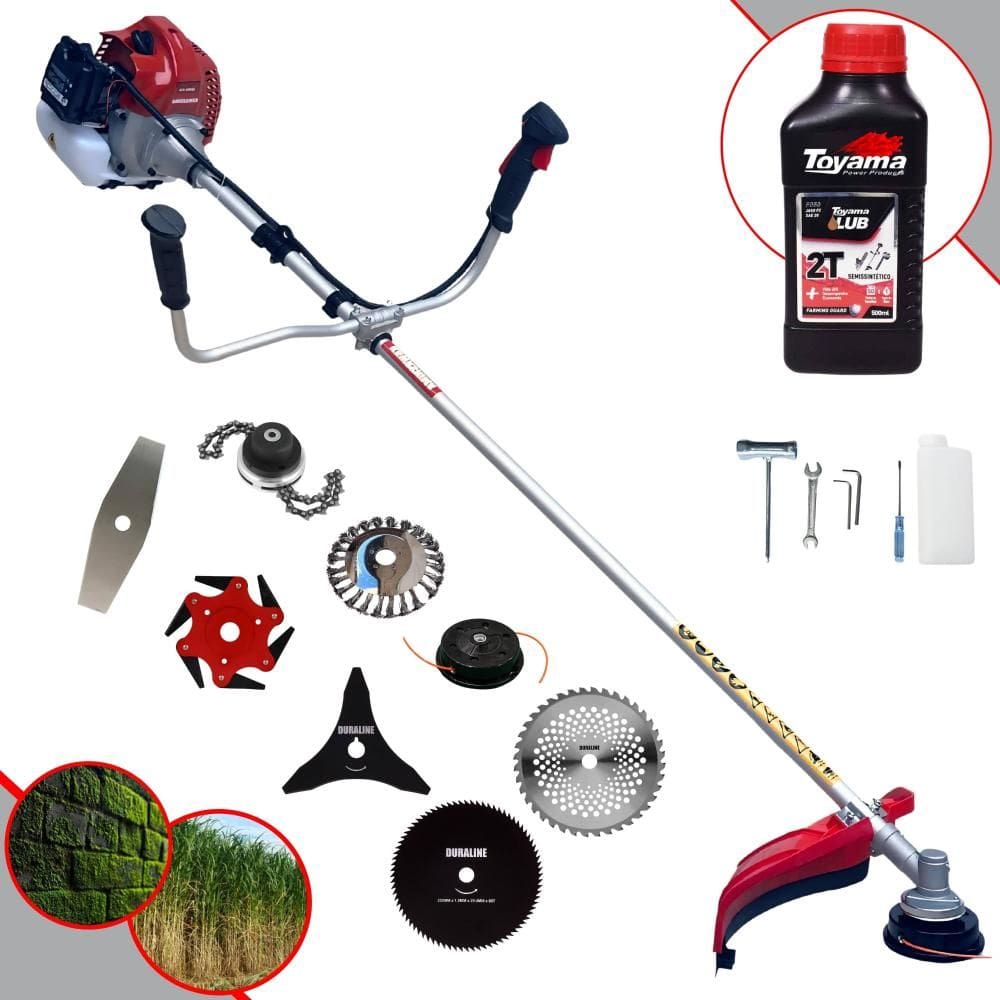 Roçadeira Kawashima BCJ521L 52cc 2,5HP C/ Carretel + Faca 2 Pontas, 3 Pontas, 6 Pontas, 40 Dentes, 80 Dentes, Trimmer e Escova de Aço + ÓLEO TOYAMA 2T