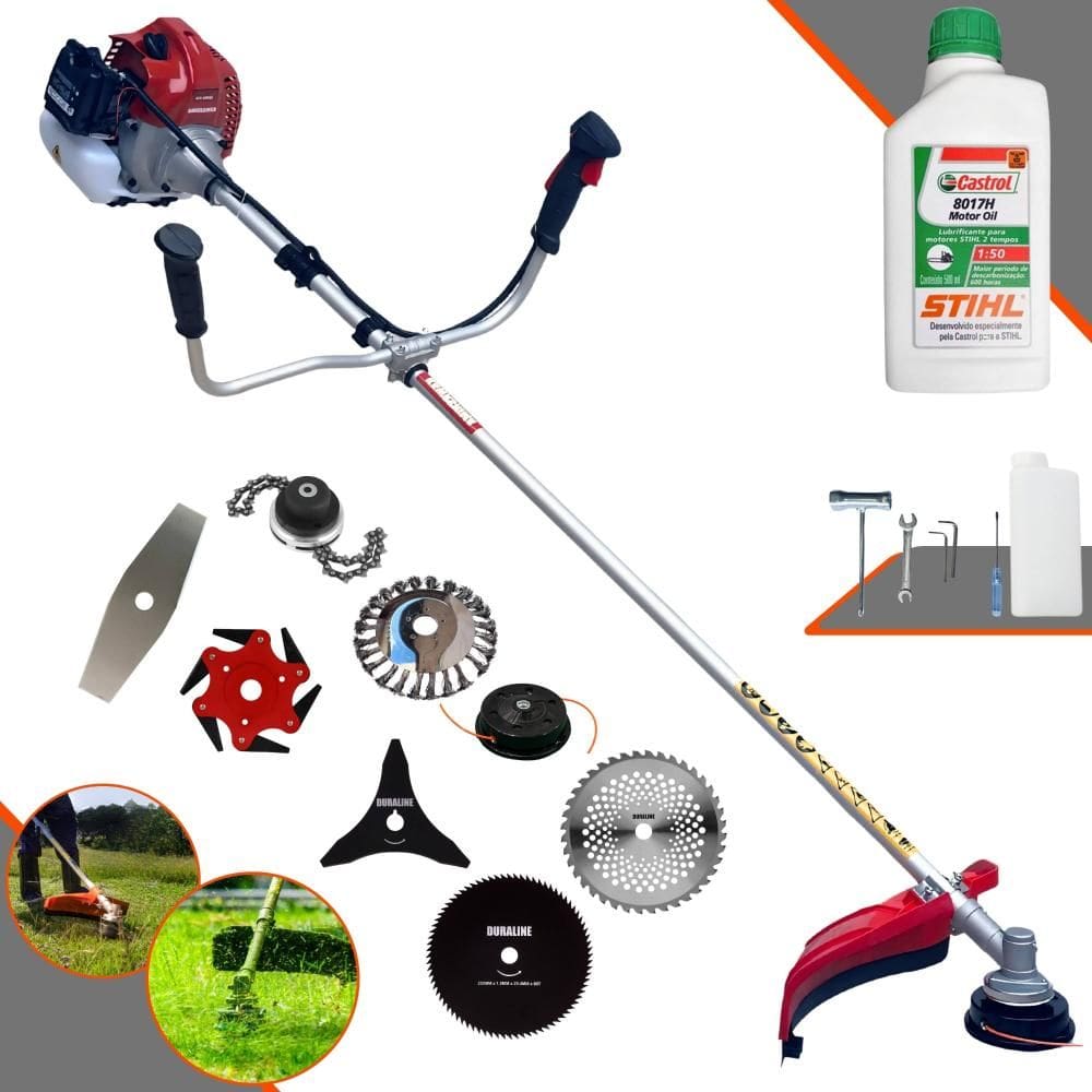 Roçadeira Kawashima BCJ521L 52cc 2,5HP Com Carretel + Facas 2 Pontas, 3 Pontas, 6 Pontas, 40 Dentes, 80 Dentes, Trimmer, Escova de Aço + ÓLEO STIHL