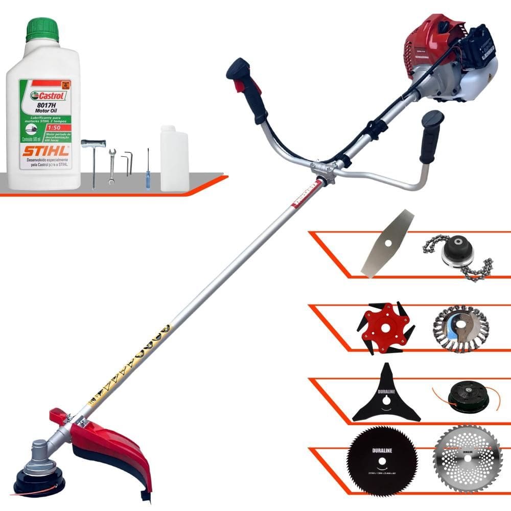 Roçadeira Kawashima BCJ521L 52cc 2,5HP C/ Carretel + Facas 2 Pontas, 3 Pontas, 6 Pontas, 40 Dentes, 80 Dentes, Trimmer, Escova de Aço + ÓLEO STIHL 2T