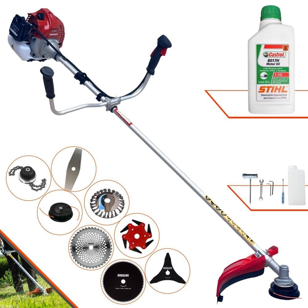 Roçadeira Completa Kawashima BCJ521L À Gasolina 52cc 2,5HP Alta Rotação Ideal Para Todos os Tipos de Trabalhos Com 8 Opções de Cortes + ÓLEO STIHL 2T