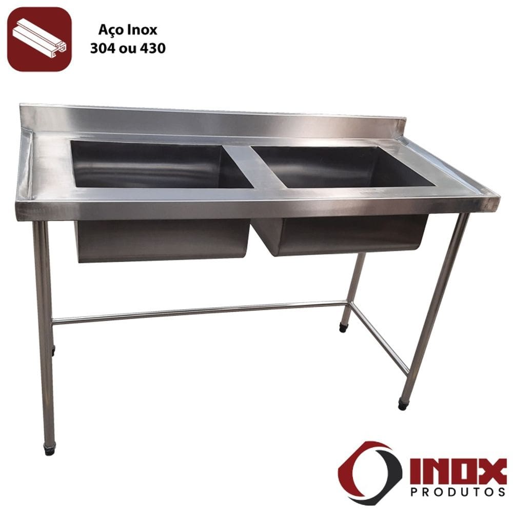 Pia Inox Contraventada com 2 Cubas - Modelo 06 - Inox 430 (Tamp. Ret.) - 150x70x90 cm - Cubas 50x40x30 cm