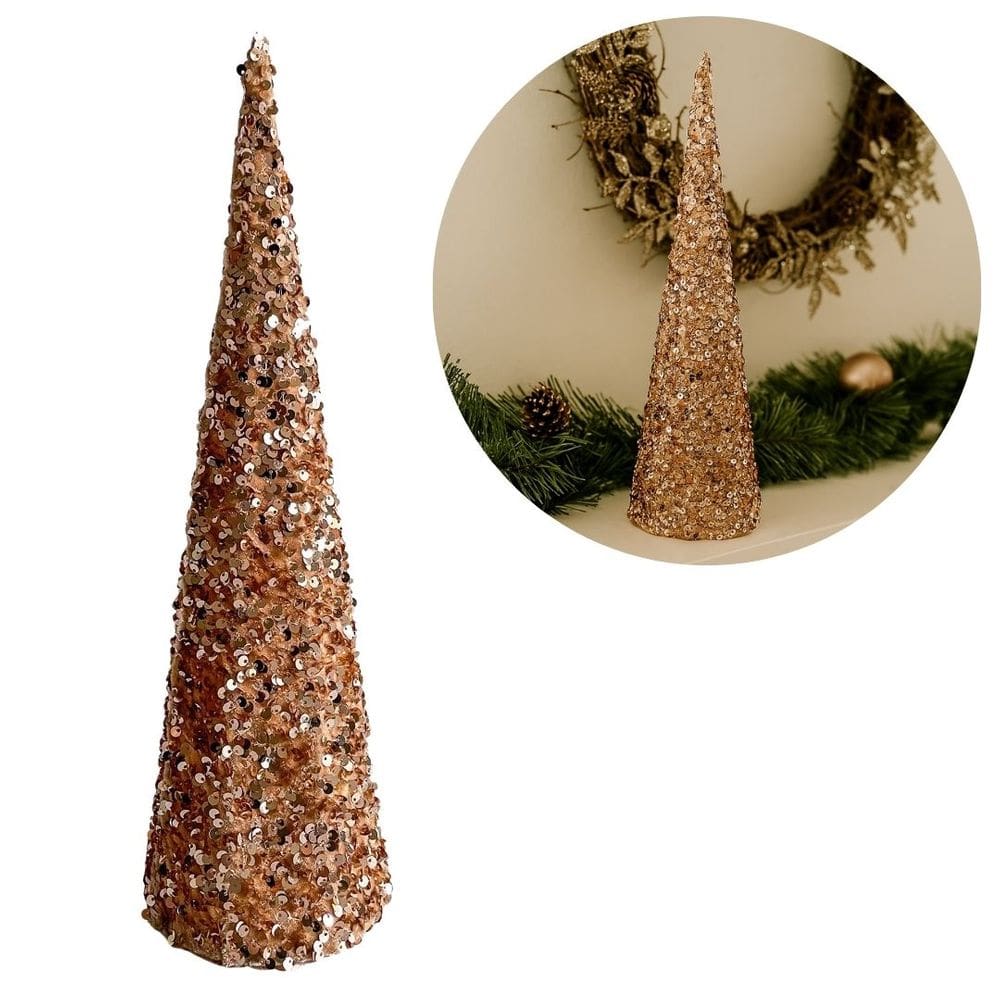 Árvore Cone Cotton Decorativa Lantejoulas Rosê Gold Natal 40cm - Magizi
