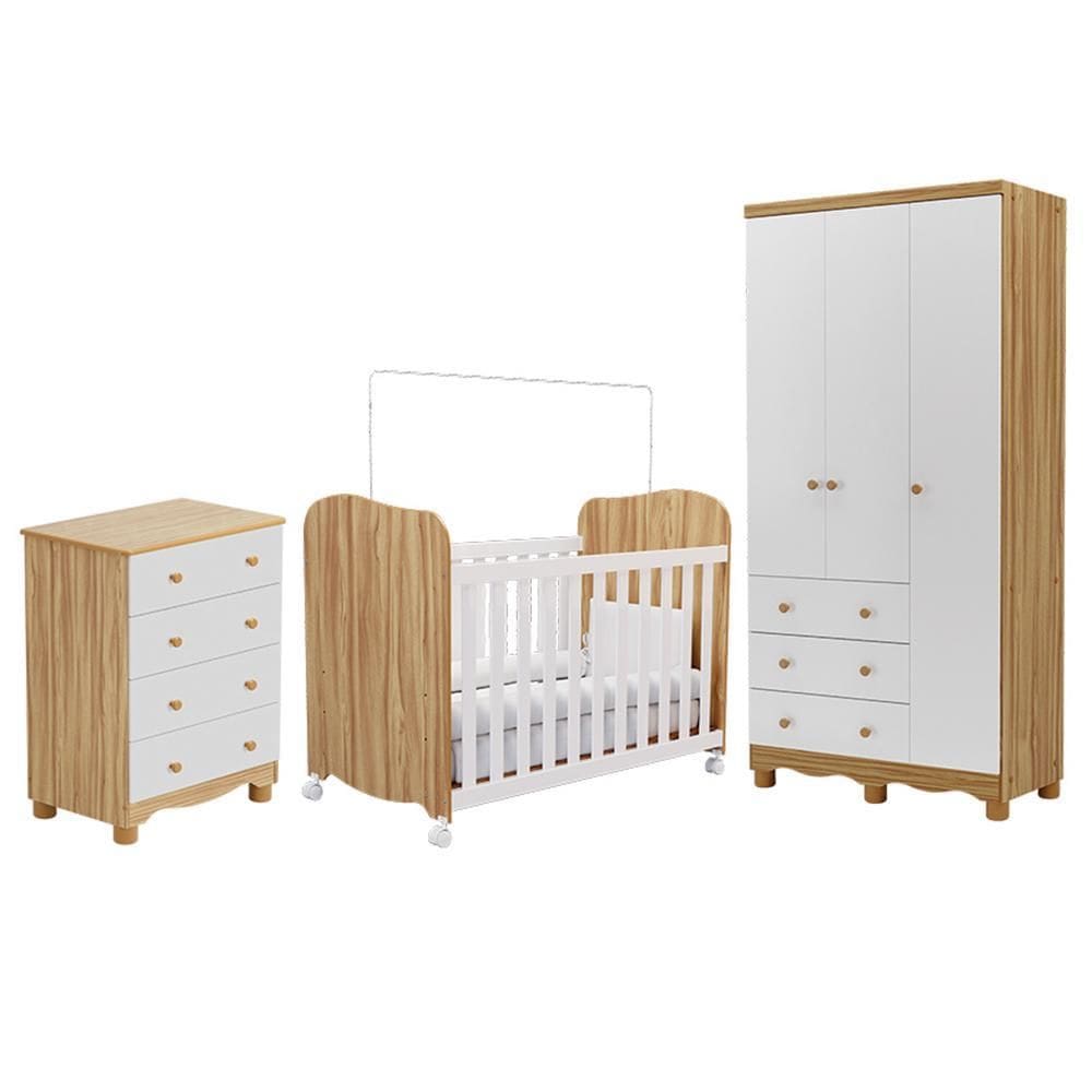 Dormitório Infantil Júnior Guarda Roupa 3 Portas, Cômoda e Berço Uli - Móveis Peroba