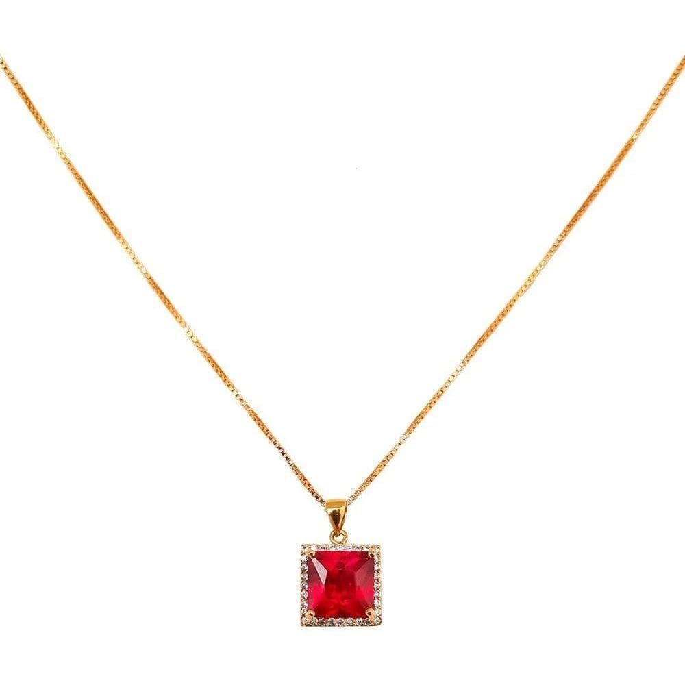 Colar Prata 925 Banhada Em Ouro 18K - Pingente Quad Cor Rubí