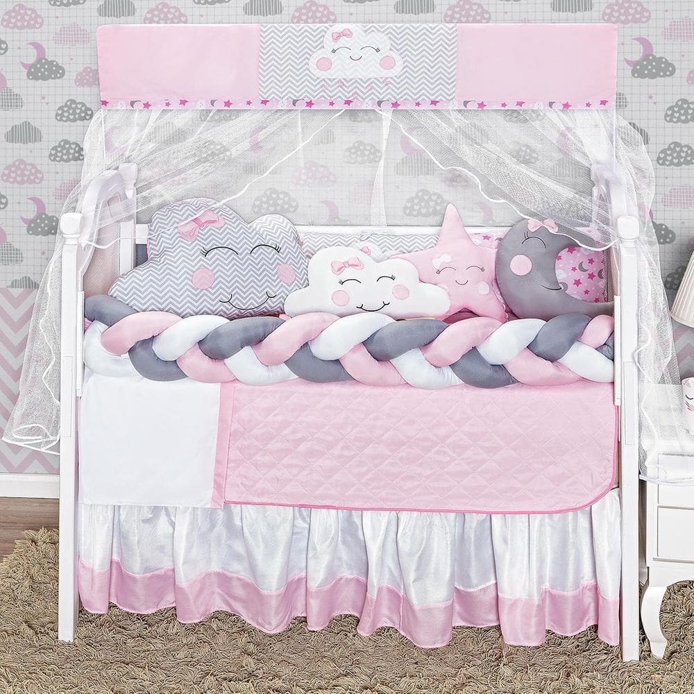 Kit Berço Trança Céu Cab Nuvem Estrela Rosa Menina 12 Peças