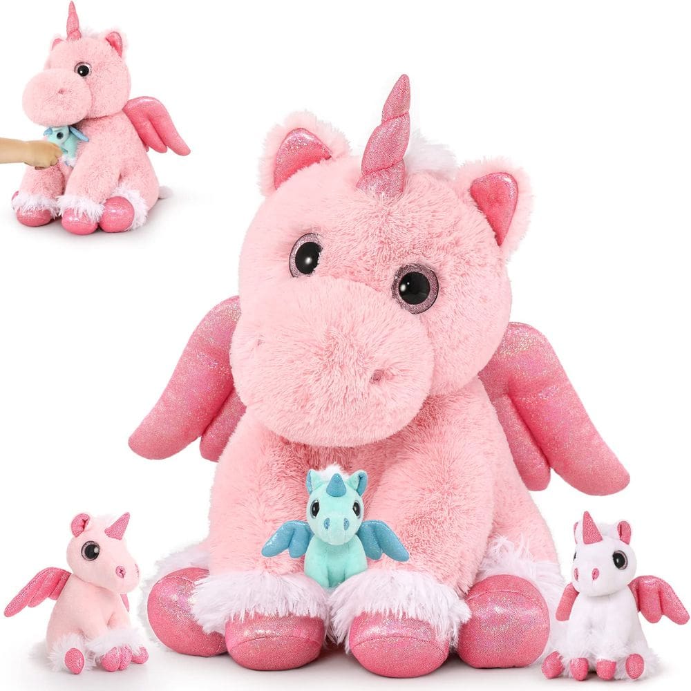 Bicho de pelúcia MoriSmos, unicórnio rosa com bebês dentro de 45 cm
