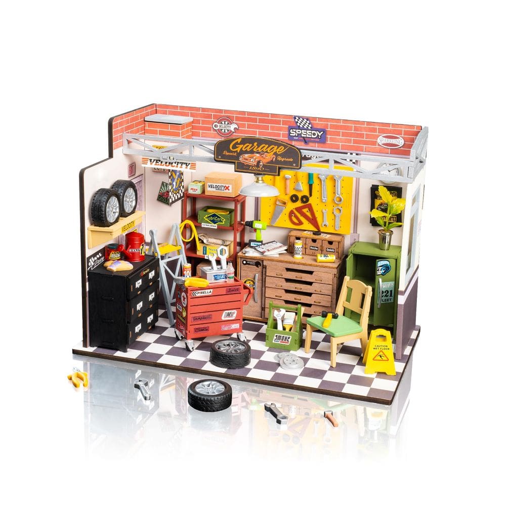 Kit de casa em miniatura RoWood Garage Workshop com LED para adultos