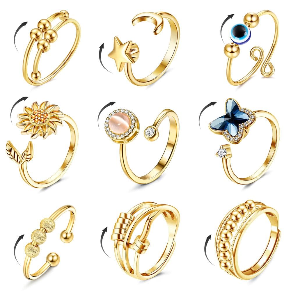 Anéis de ansiedade Fidget FIBO STEEL para mulheres e homens, 9 unidades
