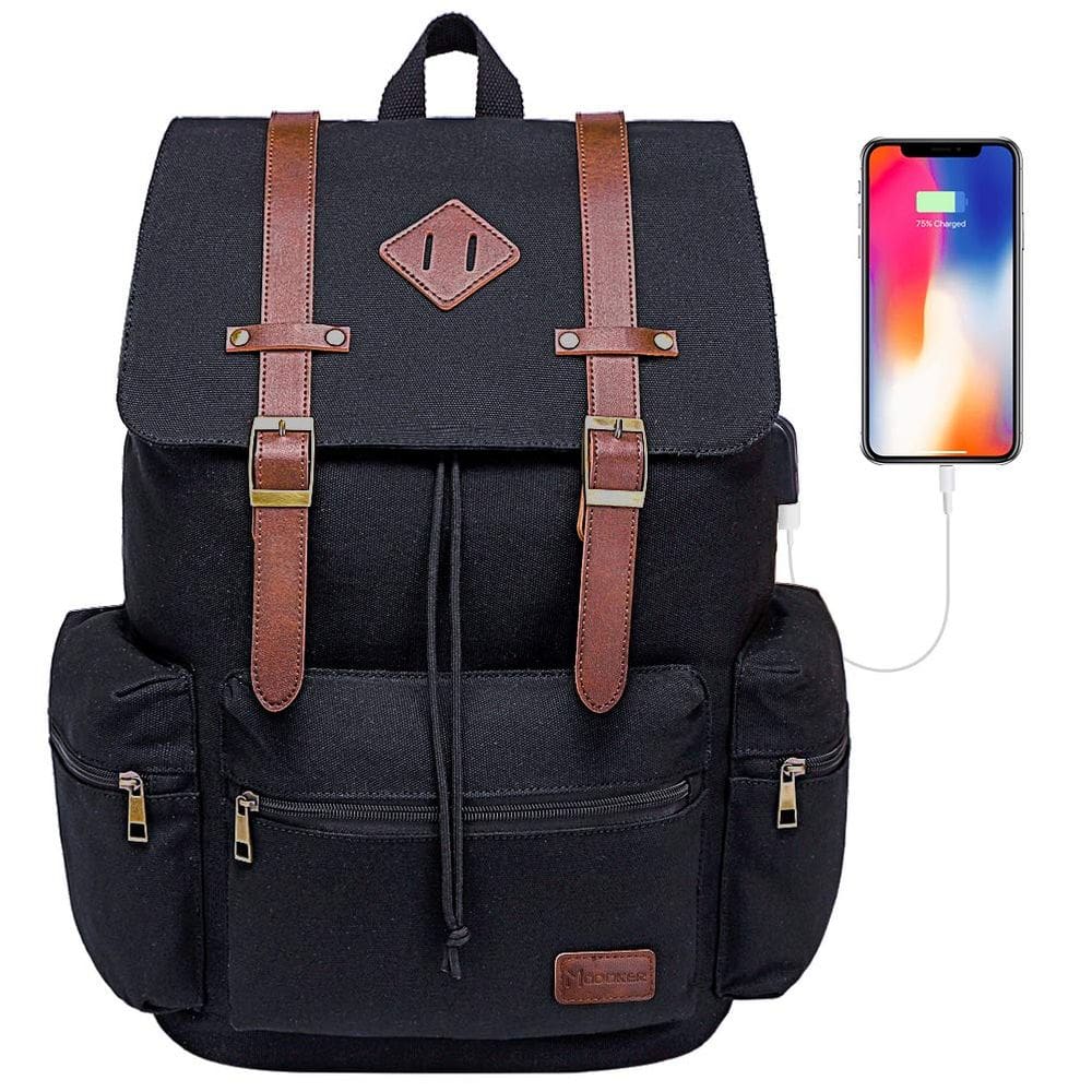 Mochila Modoker Vintage Canvas para homens e mulheres preta 35L
