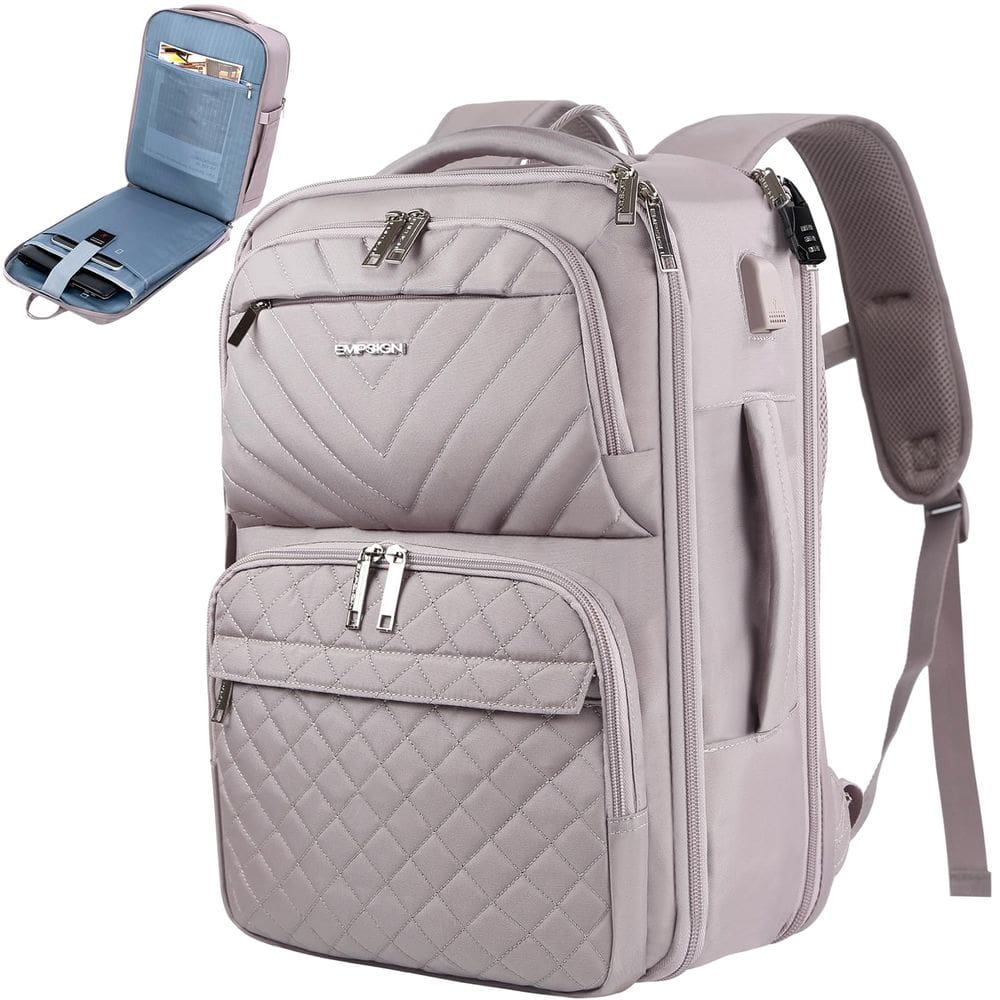 Mochila de viagem EMPSIGN para mulheres de 17 polegadas com porta USB cinza rosa