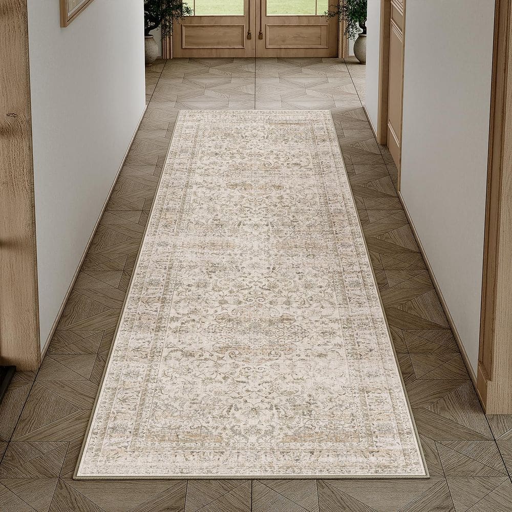 Tapete Runner WondRG lavável bege vintage 2x6 para corredor de cozinha