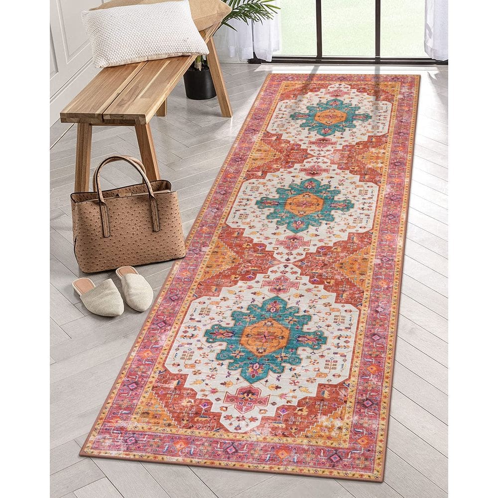 Tapete Runner Moynesa ultrafino lavável 2x7 rosa para banheiro
