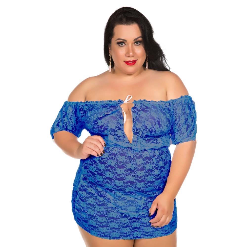 Camisola Plus Size Luxo em Renda Transparente com Abertura Frontal e Laço de Cetim