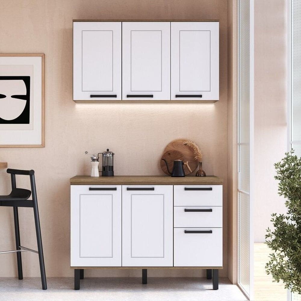 Cozinha Modulada Provençal 3 Peças Balcão 120cm Tampo e Armário 3 Portas Jequitibá/Branco Fosco