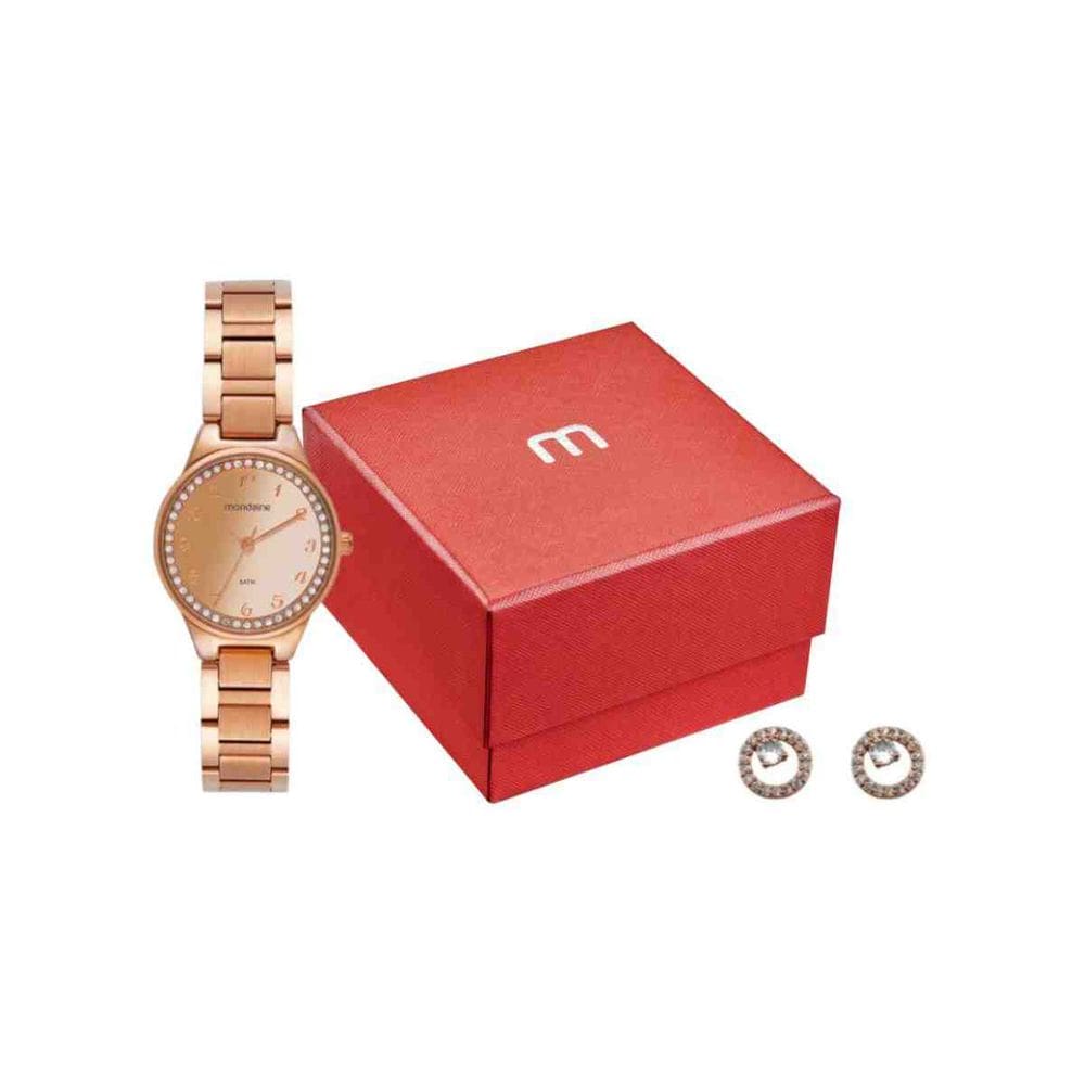 Kit Relógio + Brinco Cristais Mondaine Rosé Feminino 32830LPMKRE3K1