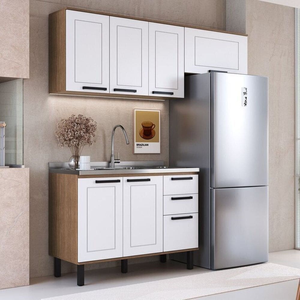 Cozinha Modulada Provençal 3 Peças Balcão 120cm 2 Armários Jequitibá/Branco Fosco