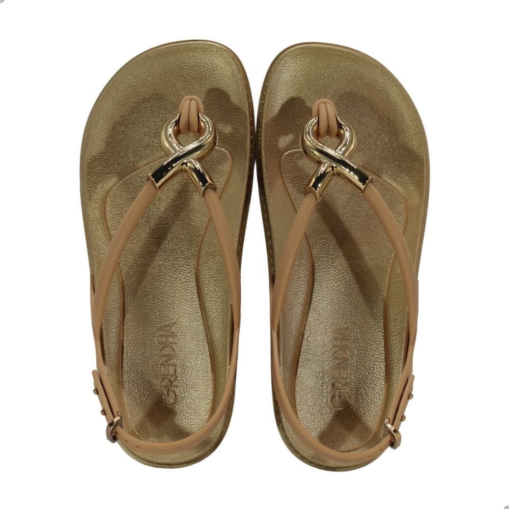 Sandália Feminina Rasteira Grendha Musa Bege néctar das flores e Dourado