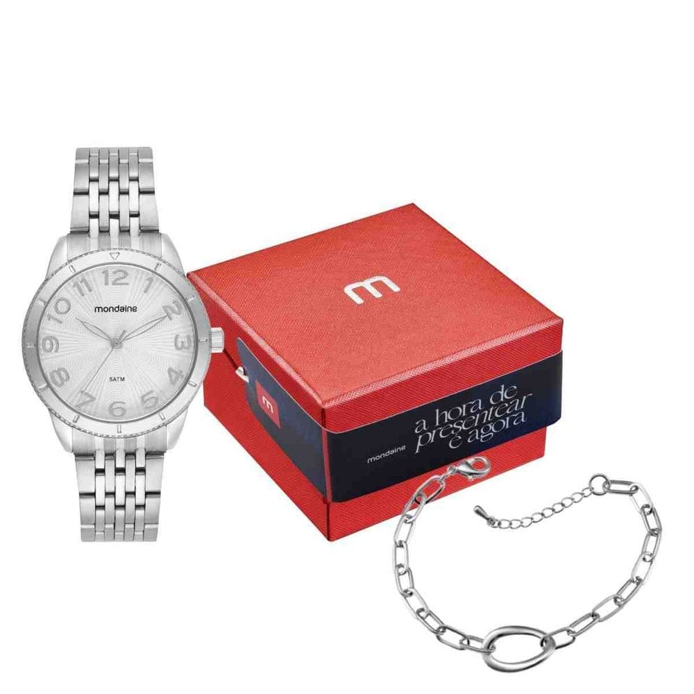 Kit Relógio + Pulseira Mondaine Prata Feminino 99802L0MKNE2K1