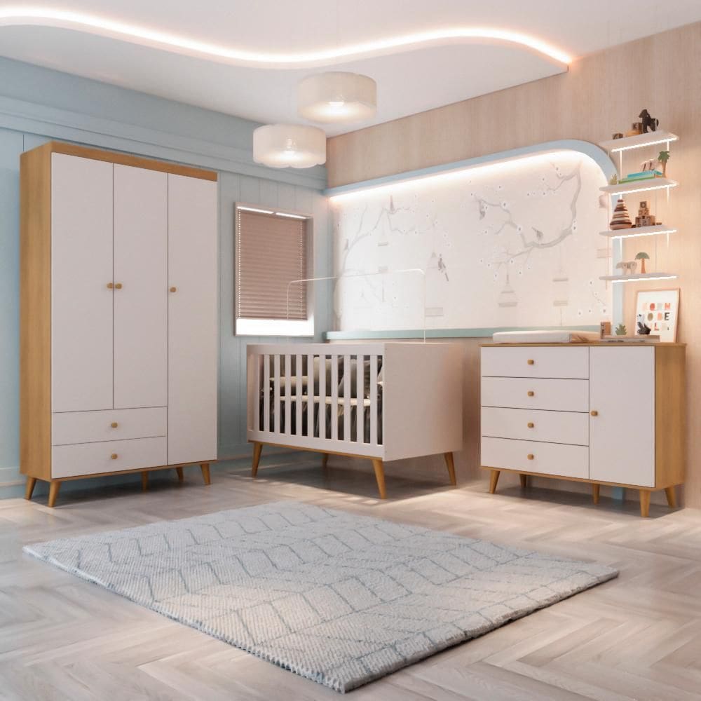 Quarto de Bebê Retrô Lígia Berço 3 em 1 Guarda Roupa 3 Portas Cômoda com Porta Off White Carolina Baby