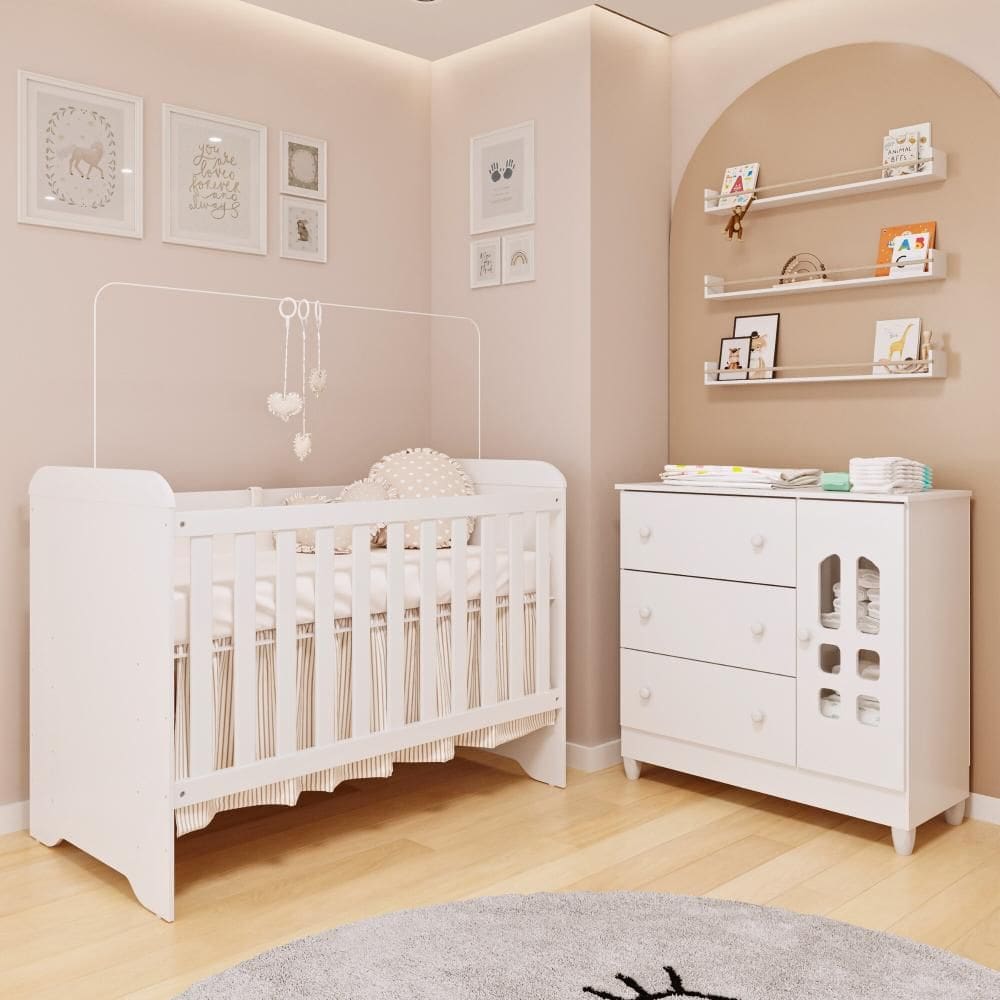 Quarto de Bebê Cômoda com Fraldário Berço 3 em 1 Gabrielle Branco Carolina Baby