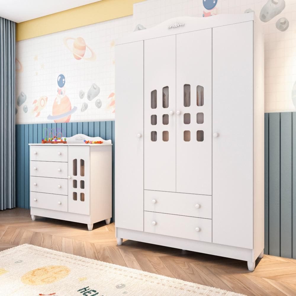 Quarto de Bebê Provençal Lisa Cômoda Infantil com Porta Guarda Roupa 4 Portas Branco Carolina Baby