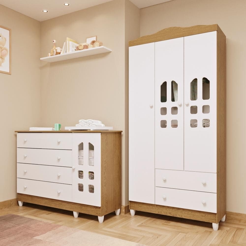 Quarto de Bebê Cômoda com Porta Fraldário Guarda Roupa 3 Portas Branco com Bétula Carolina Baby