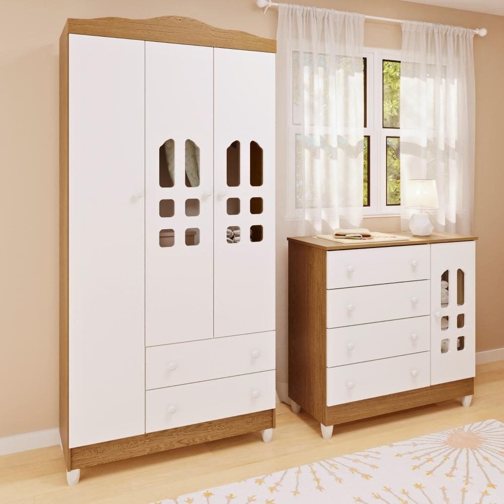 Quarto de Bebê Cômoda com Fraldário Guarda Roupa 3 Portas Mirelle Branco Carolina Baby