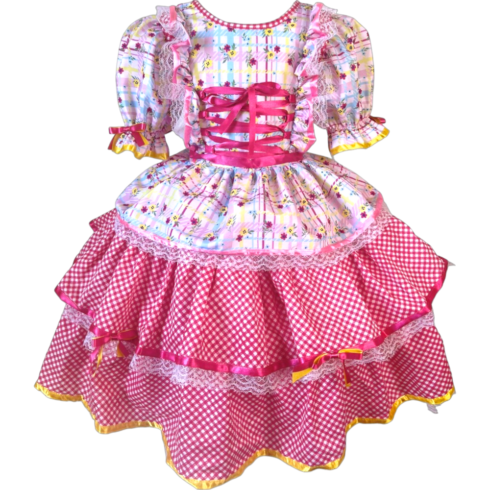 Vestido Junino Rosa Festa São João Fitas e Babados Menina