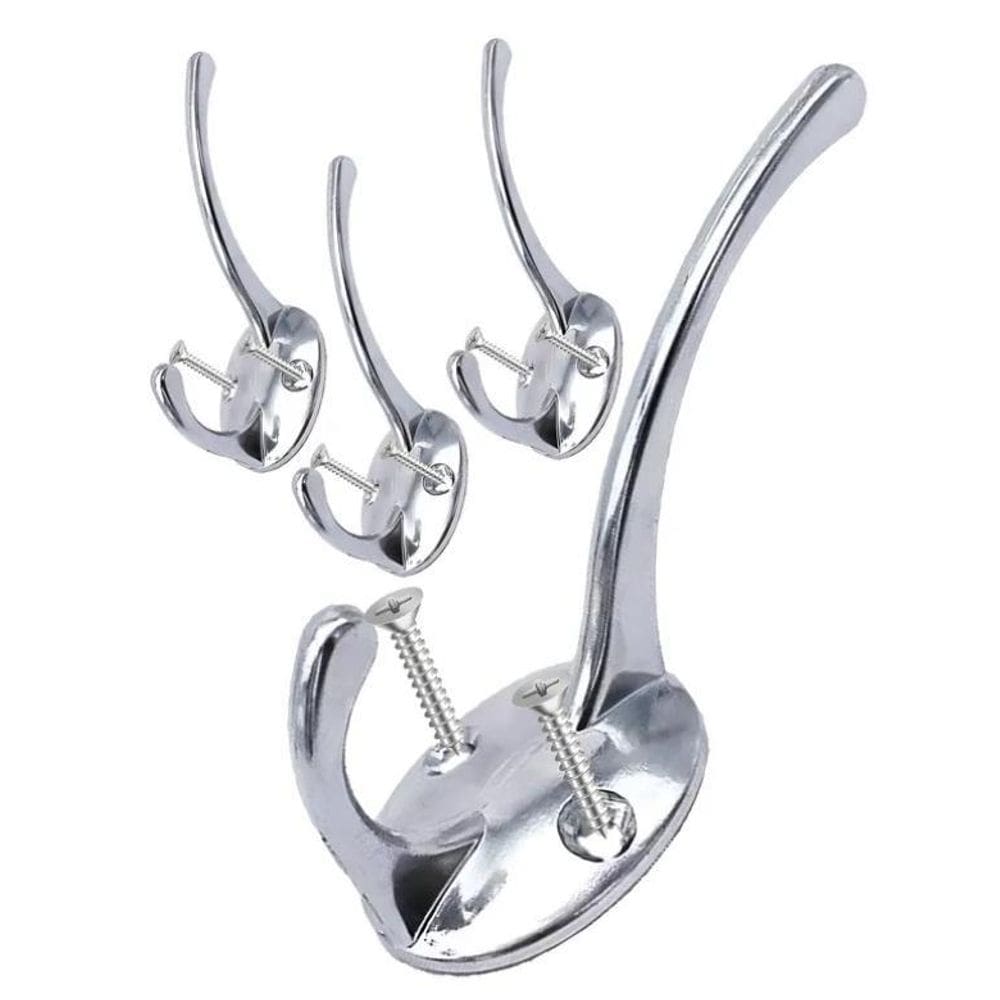 4 Ganchos Duplo Cabide Parede Metal Toalha Banheiro Parafuso