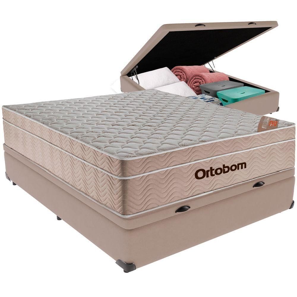 Cama Box Baú Bege E Colchão Airtech Molas Ensacadas Casal Ortobom