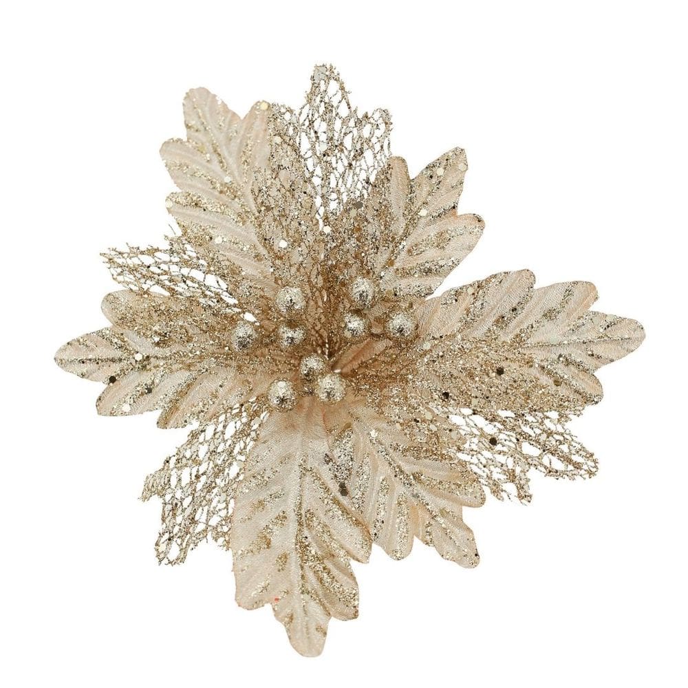 Flor Bico de Papagaio Natal Pick Recort Glitter Champanhe 25cm - Magizi