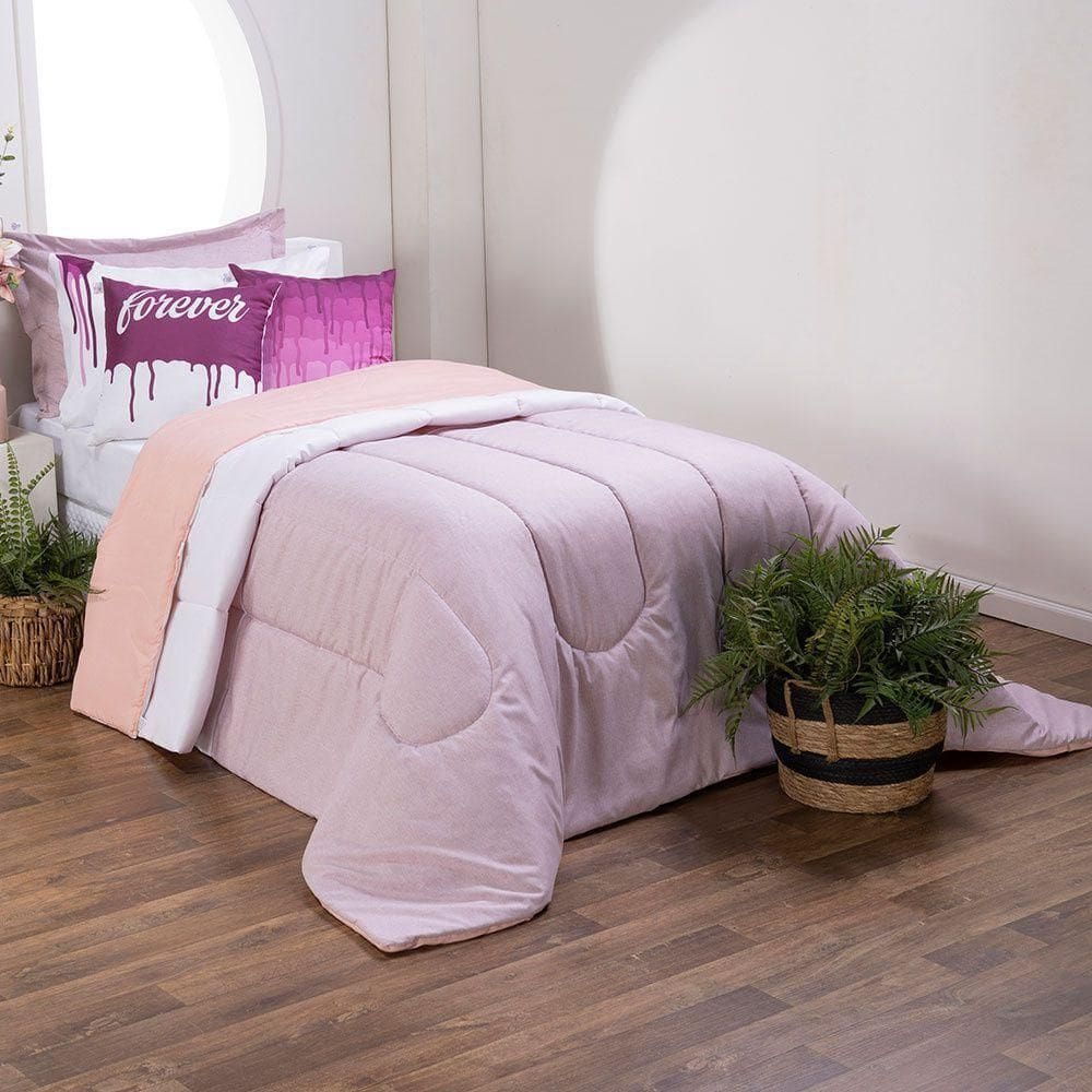 Kit Edredom Linho Colorful Solteiro Cor:rosa